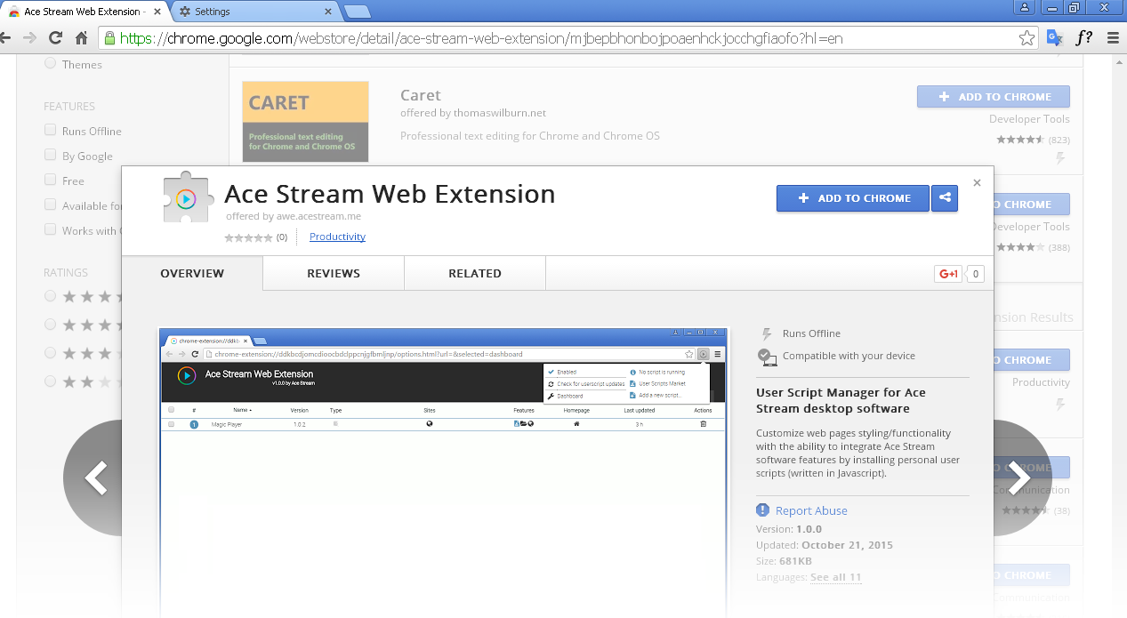 Screenshot of Ace Stream Web Extension for Chrome page in Chrome Web Store
