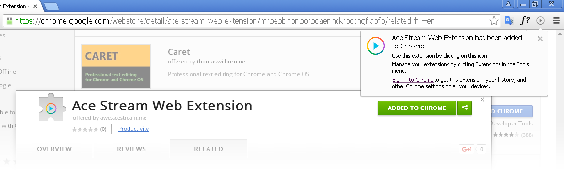 Screenshot of Ace Stream Web Extension for Chrome installation