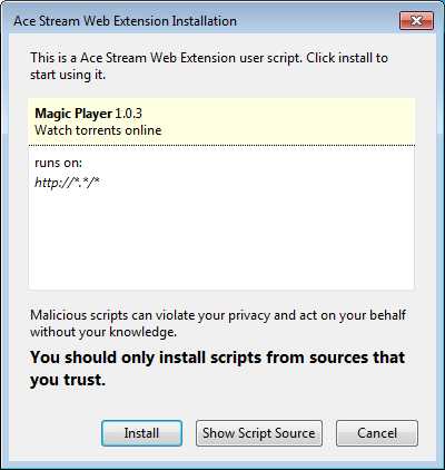 Screenshot of Ace Stream Web Extension script installation warning